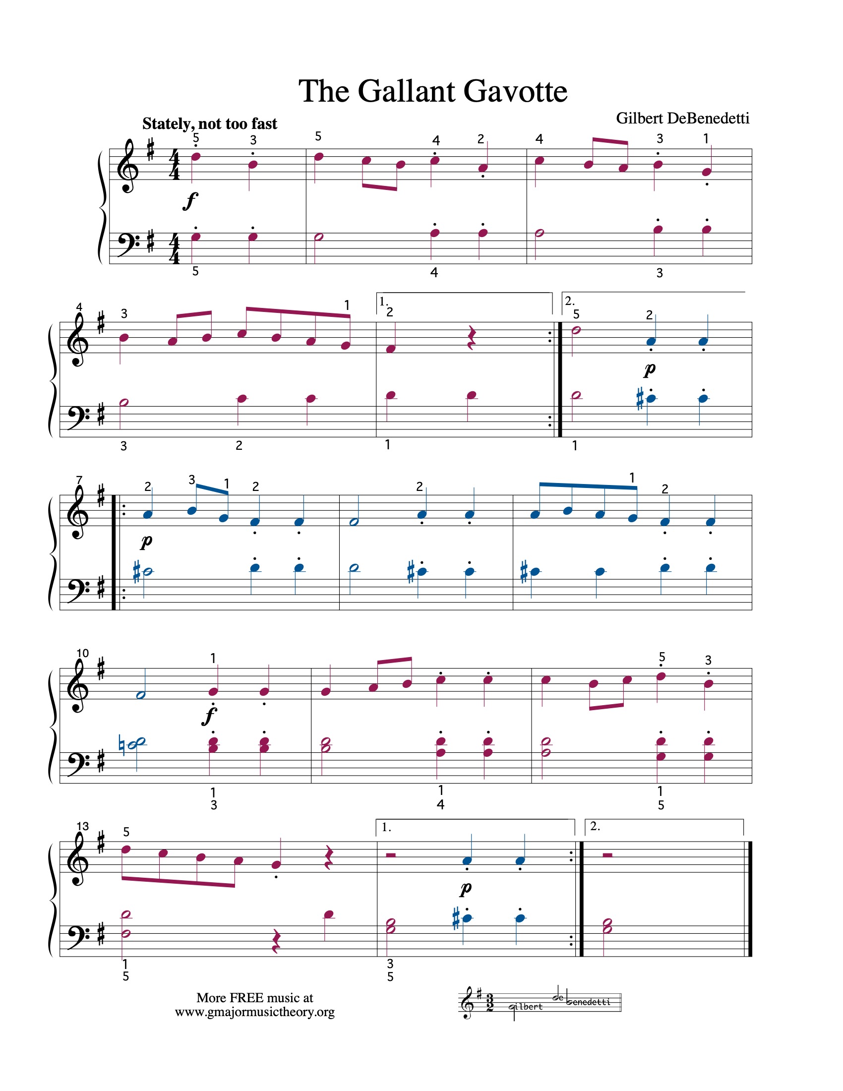 The Gallant Gavotte --by DeBenedetti sheet music (color-coded)