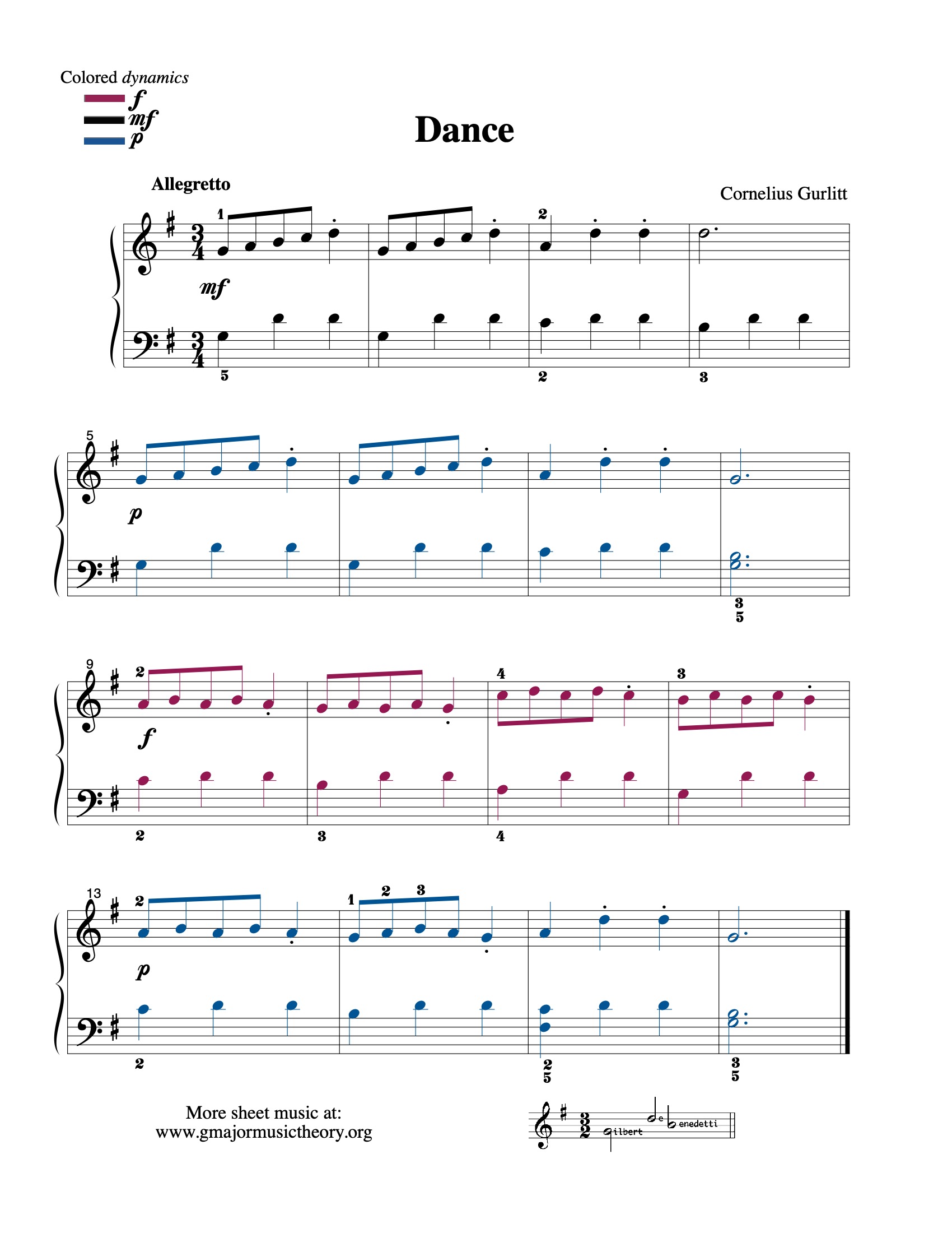 Dance --by Gurlitt sheet music (color-coded)