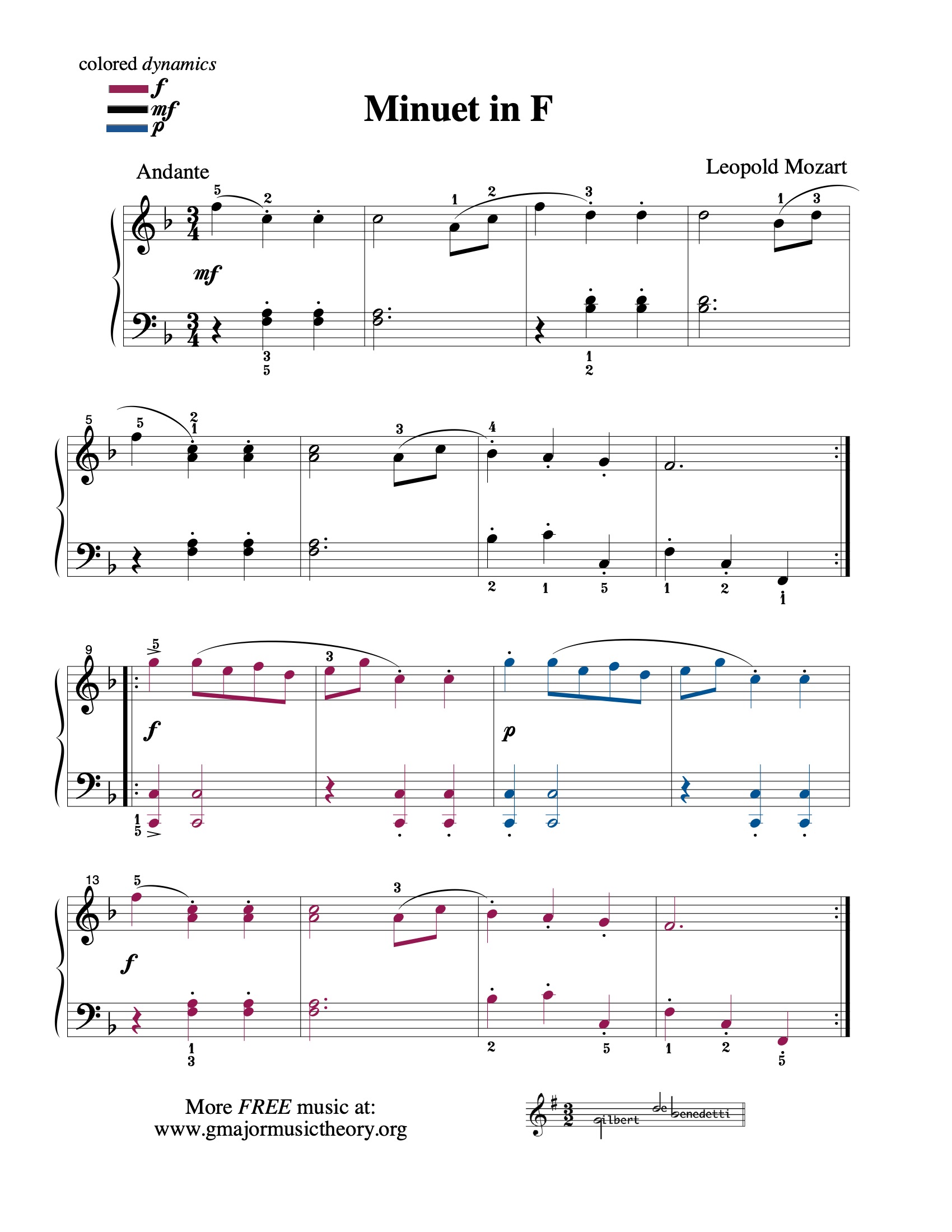Minuet in F --by Leopold Mozart sheet music (color-coded)