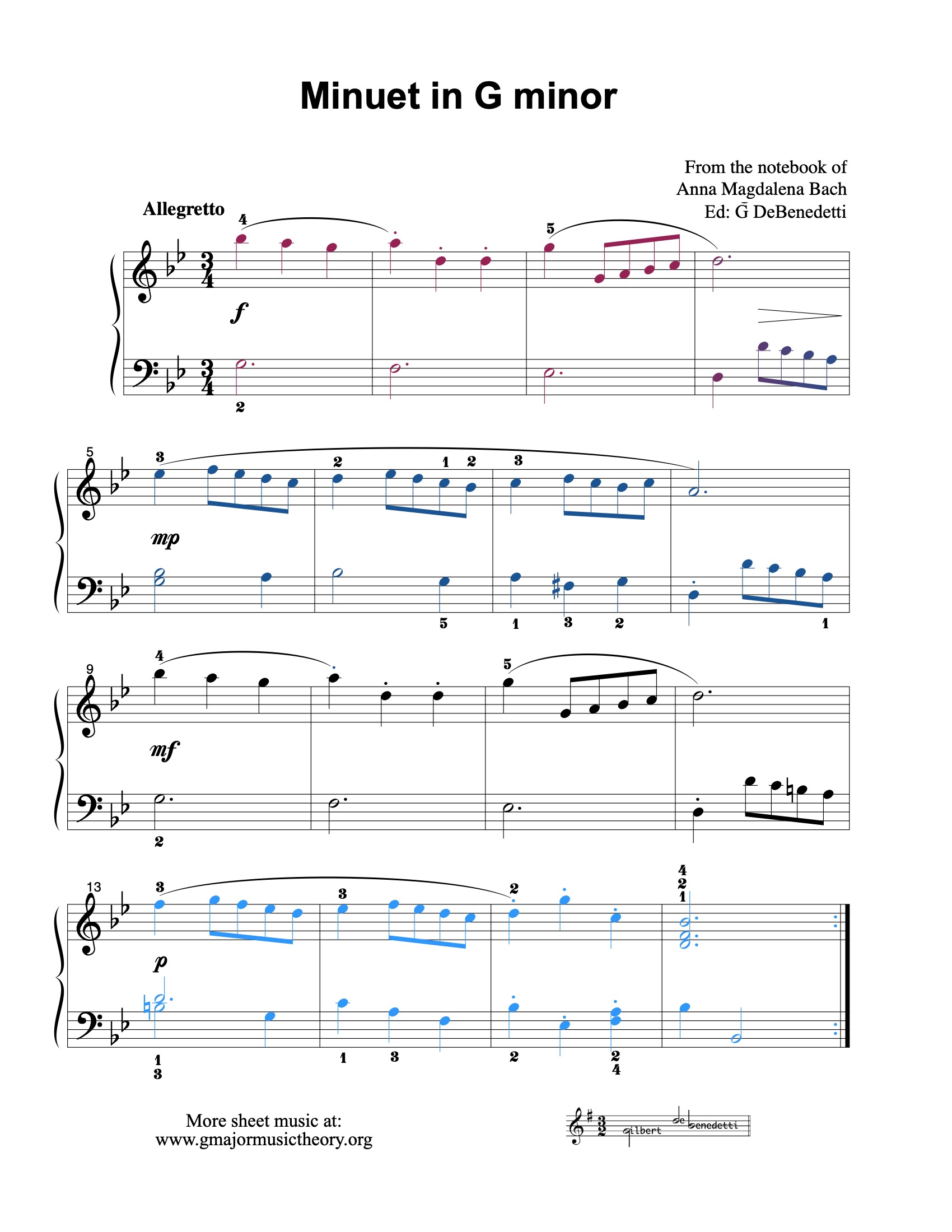 Minuet in G minor sheet music — page 1 (color-coded)