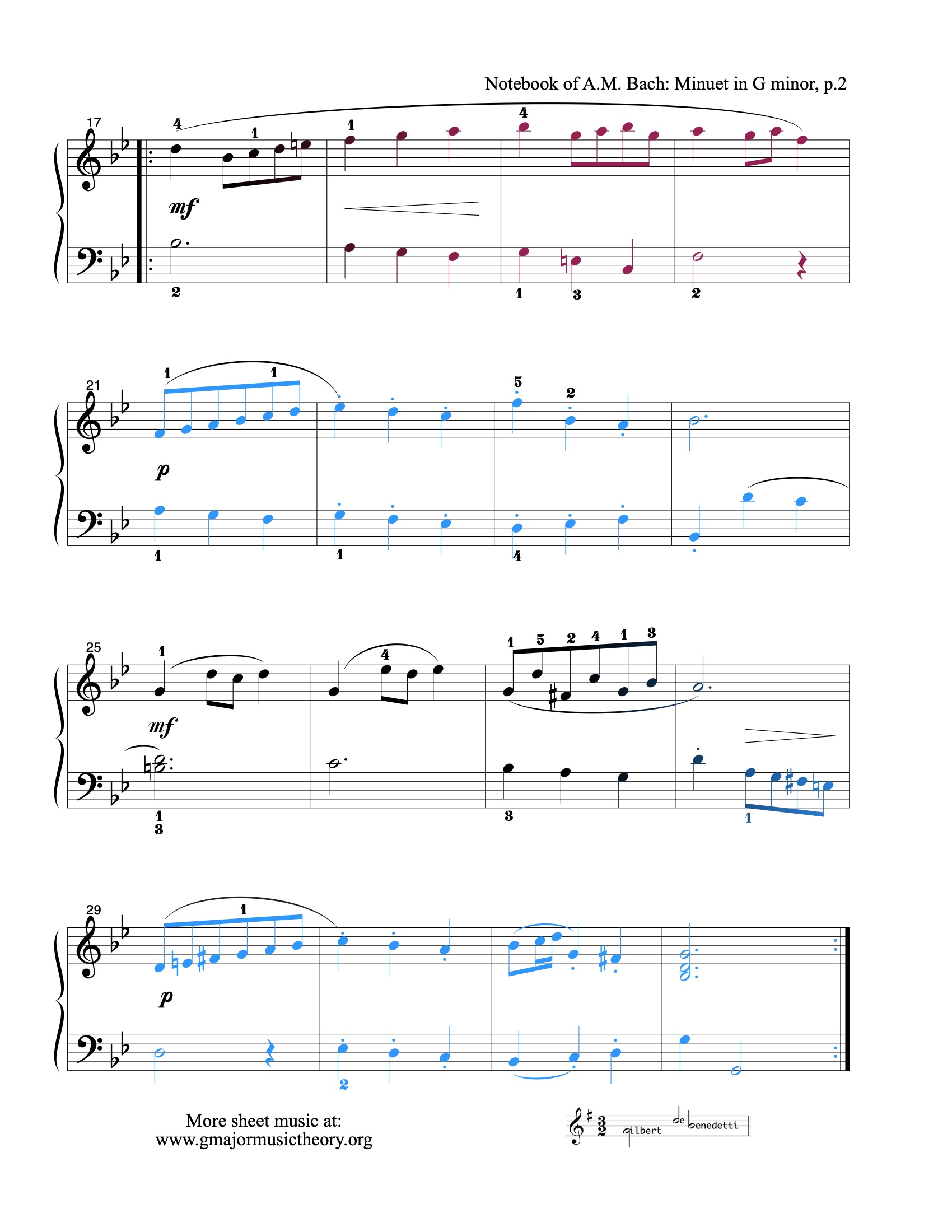 Minuet in G minor sheet music — page 2 (color-coded)