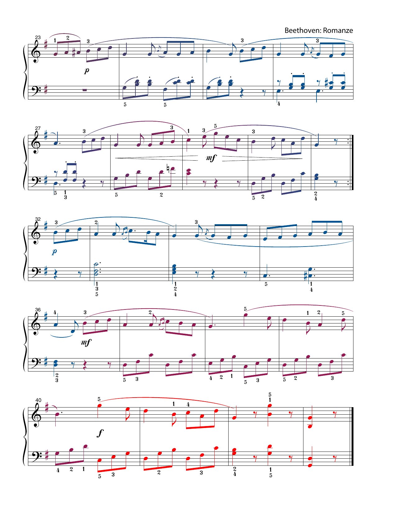 Romanze sheet music — page 2 (color-coded)