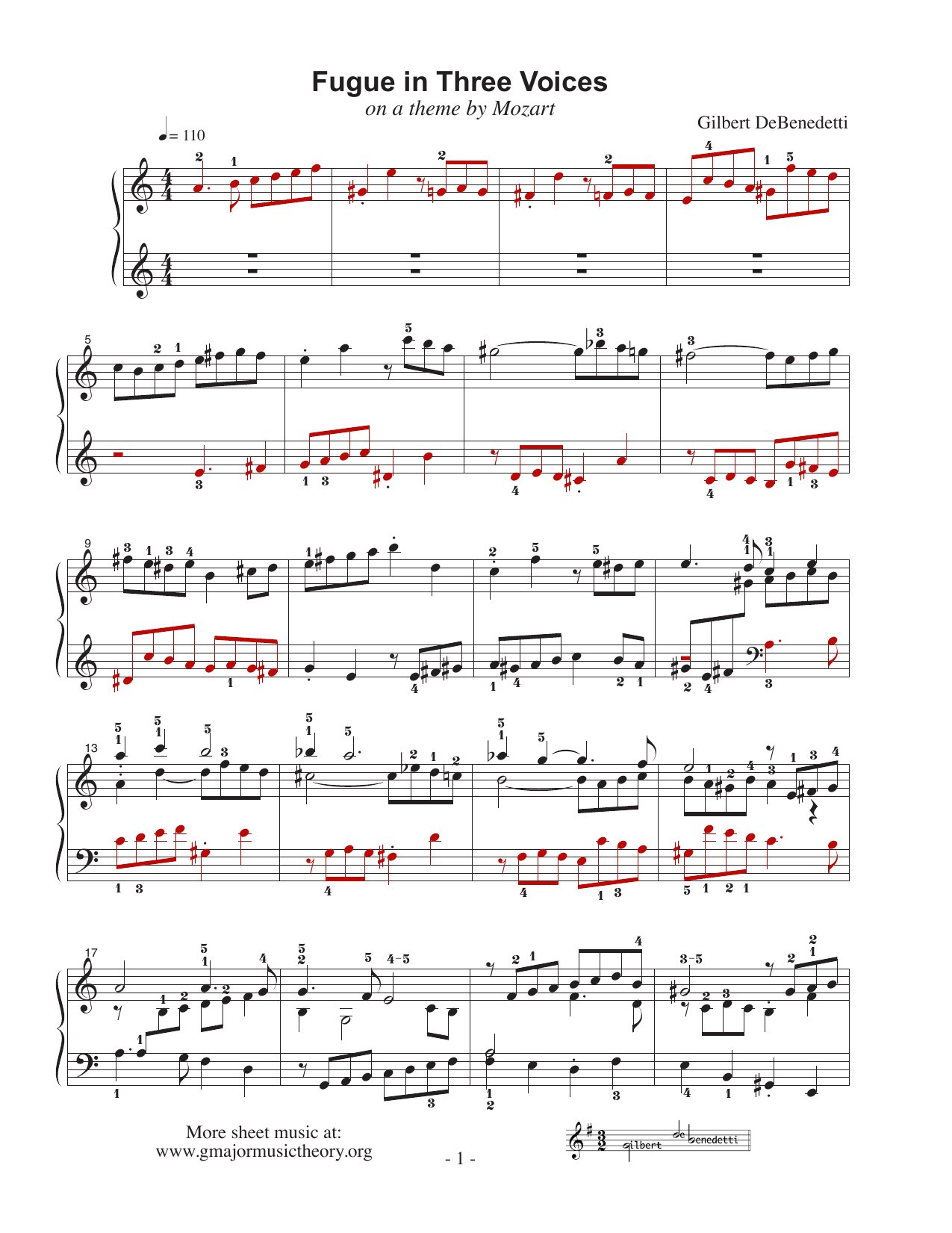 Fugue in three voices sheet music — page 1 (color-coded)