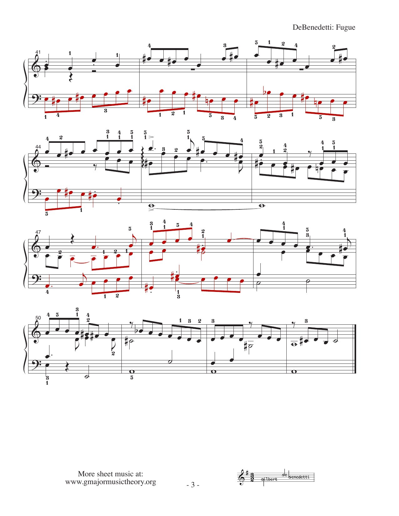 Fugue in three voices sheet music — page 3 (color-coded)