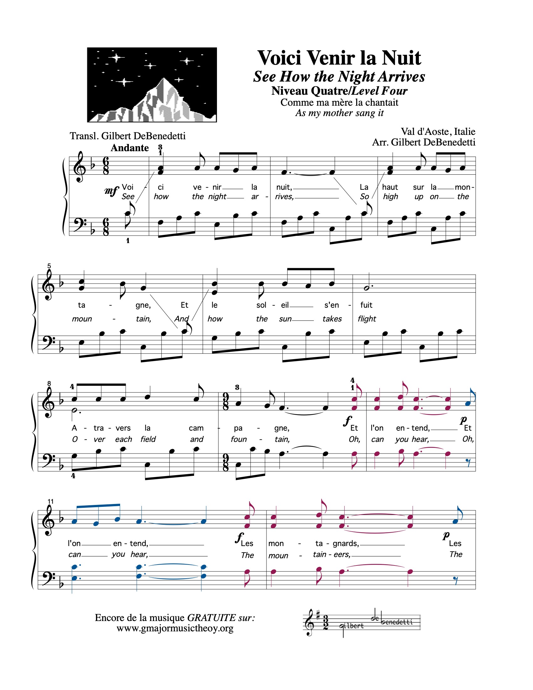 Voici venir la nuit See How the Night Arrives sheet music (color-coded)